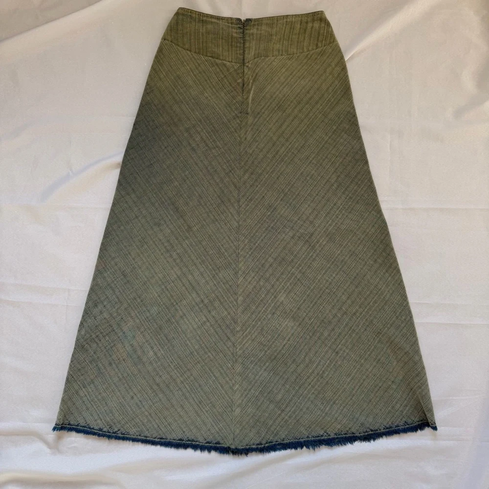 Vintage Talbots Blue Herringbone Midi A-Line Skirt Fringe Hem 12
